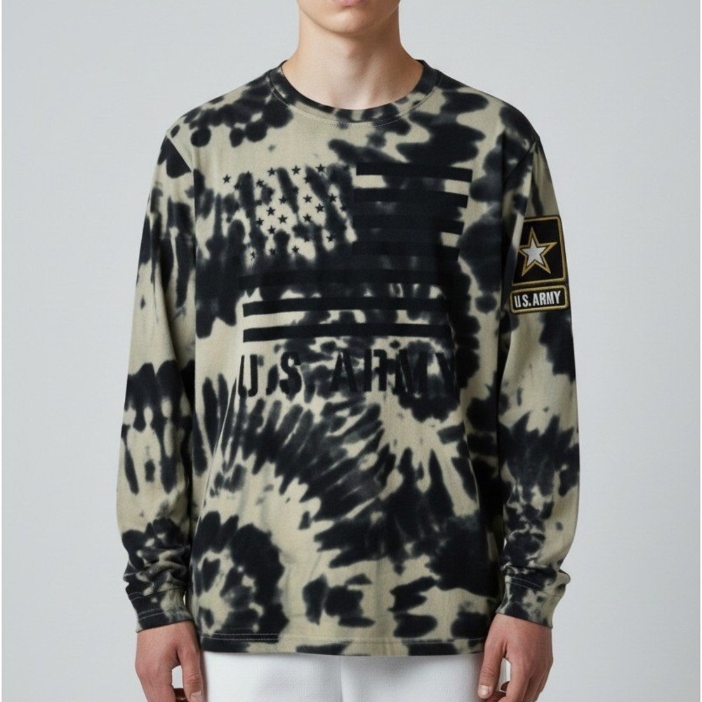 US Army Graphic Long Sleeve Tee Sz Small Tie Dye Flag Print Patriotic Streetwear